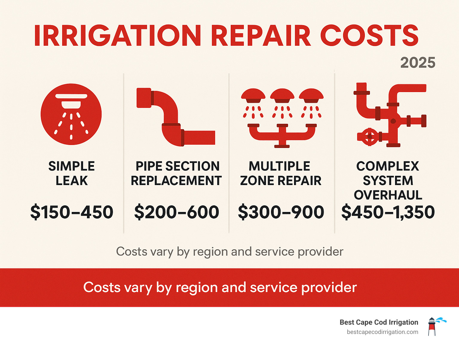 Infographic showing average irrigation repair costs: Simple leak $150-450, Pipe section replacement $200-600, Multiple zone repair $300-900, Complex system overhaul $450-1350, with note that costs vary by region and service provider - irrigation pvc pipe repair service infographic 