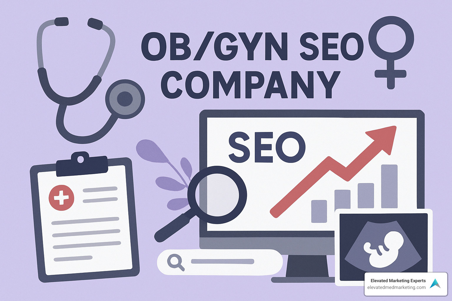Analytics dashboard showing OBGYN practice SEO performance metrics including organic traffic growth, keyword rankings, local search visibility, appointment bookings, and ROI calculations - OBGYN SEO company