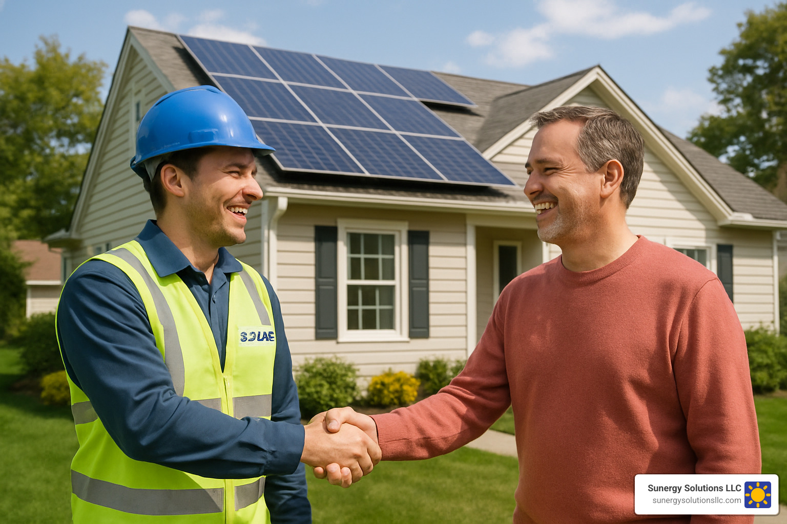 friendly solar installer shaking hands with homeowner in front of house with solar panels - solar systems near me