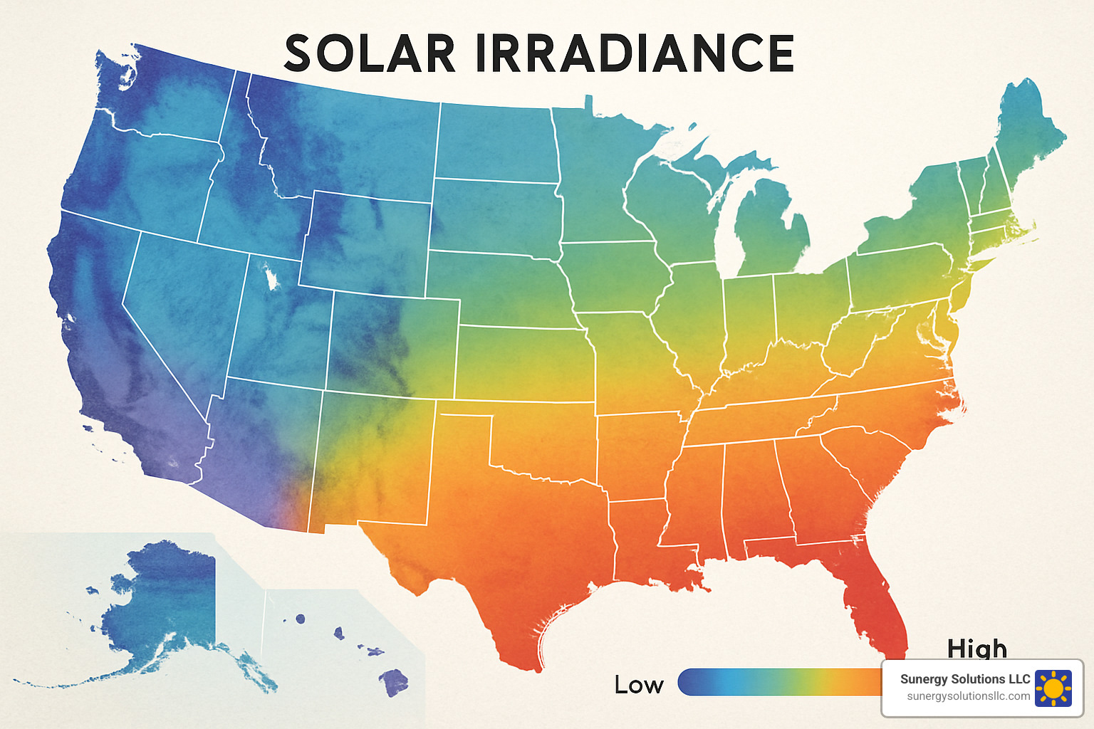 US map showing solar irradiance levels across different regions - solar systems near me