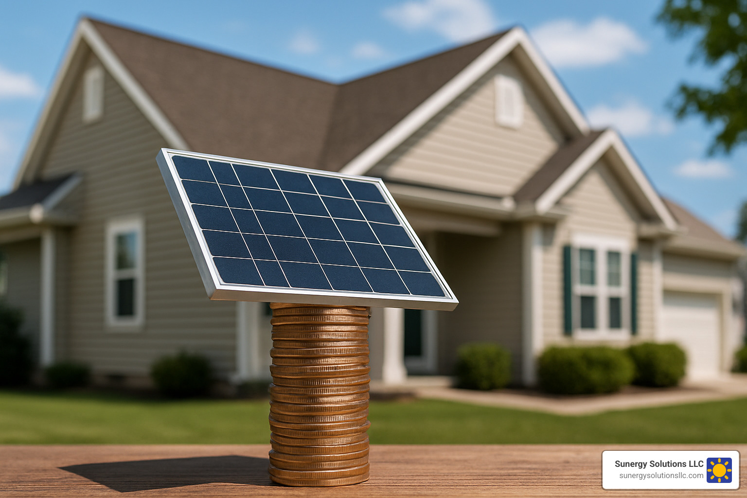 stacked coins under solar panel representing financial savings - solar systems near me