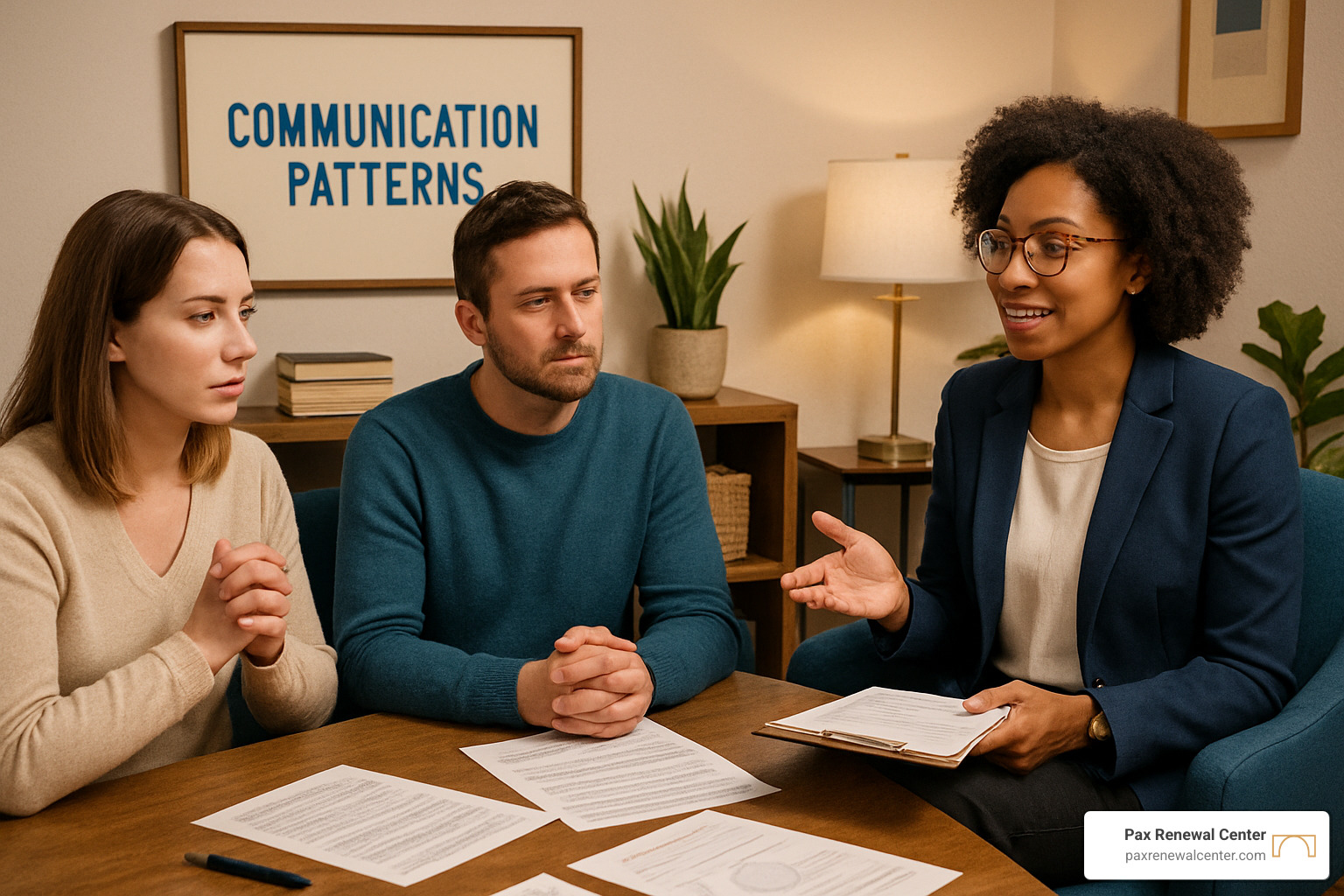 Therapist and couple in session discussing communication patterns with homework materials on table - marriage counseling lafayette la