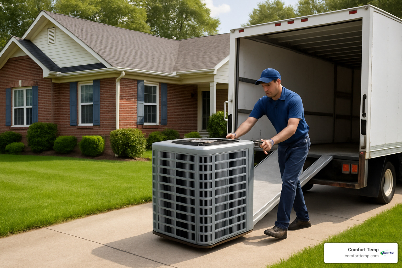 New outdoor HVAC unit being delivered to residential home - heating and cooling gainesville fl