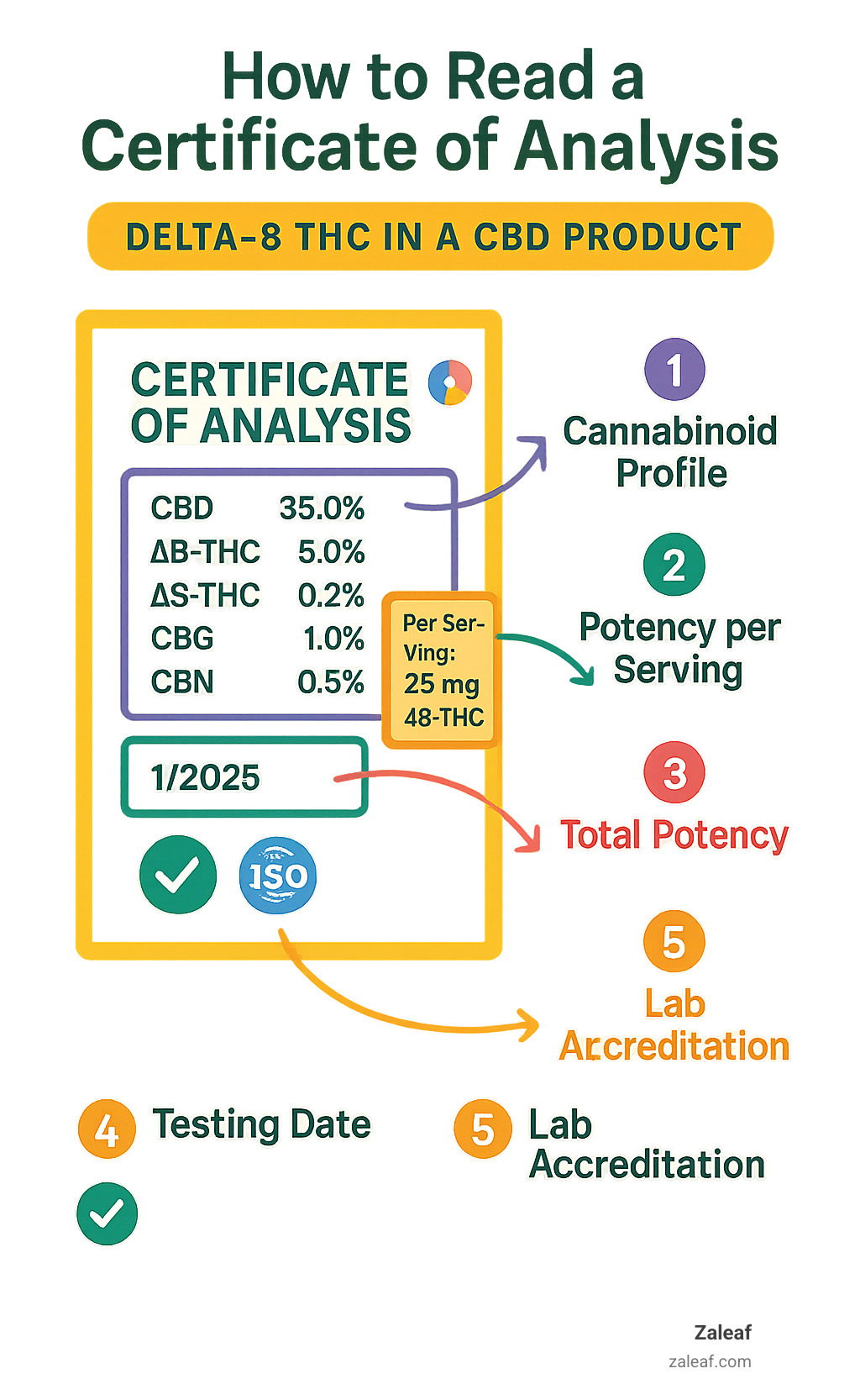 Infographic showing how to read a Certificate of Analysis: Cannabinoid profile section, potency per serving, total potency, testing date, and lab accreditation symbols - how much delta-8 thc can a cbd product contain infographic 