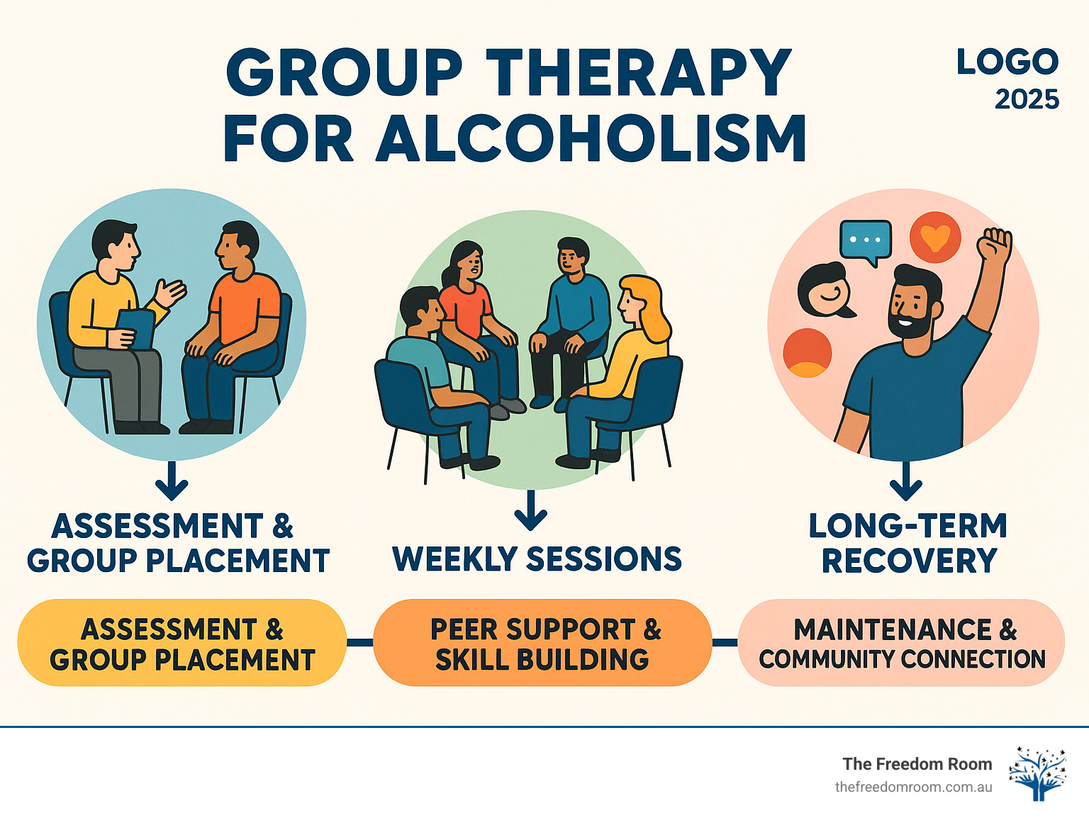 Infographic showing the group therapy journey for alcoholism recovery, including stages from initial assessment and group placement, through weekly sessions with peer support and skill building, to long-term recovery maintenance with ongoing community connection - group therapy for alcoholism infographic 