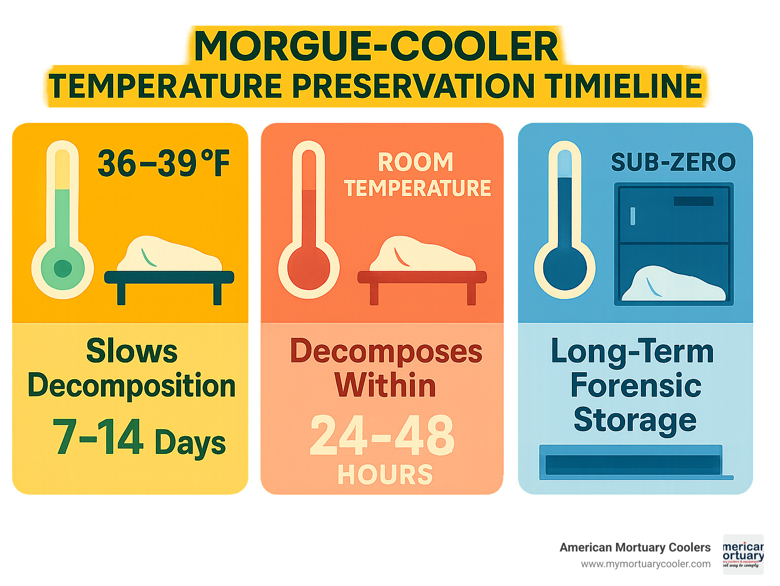 Infographic showing morgue-cooler temperature preservation timeline: 36-39°F slows decomposition for 7-14 days, room temperature allows decomposition within 24-48 hours, sub-zero temperatures for long-term forensic storage - morgue-cooler infographic 