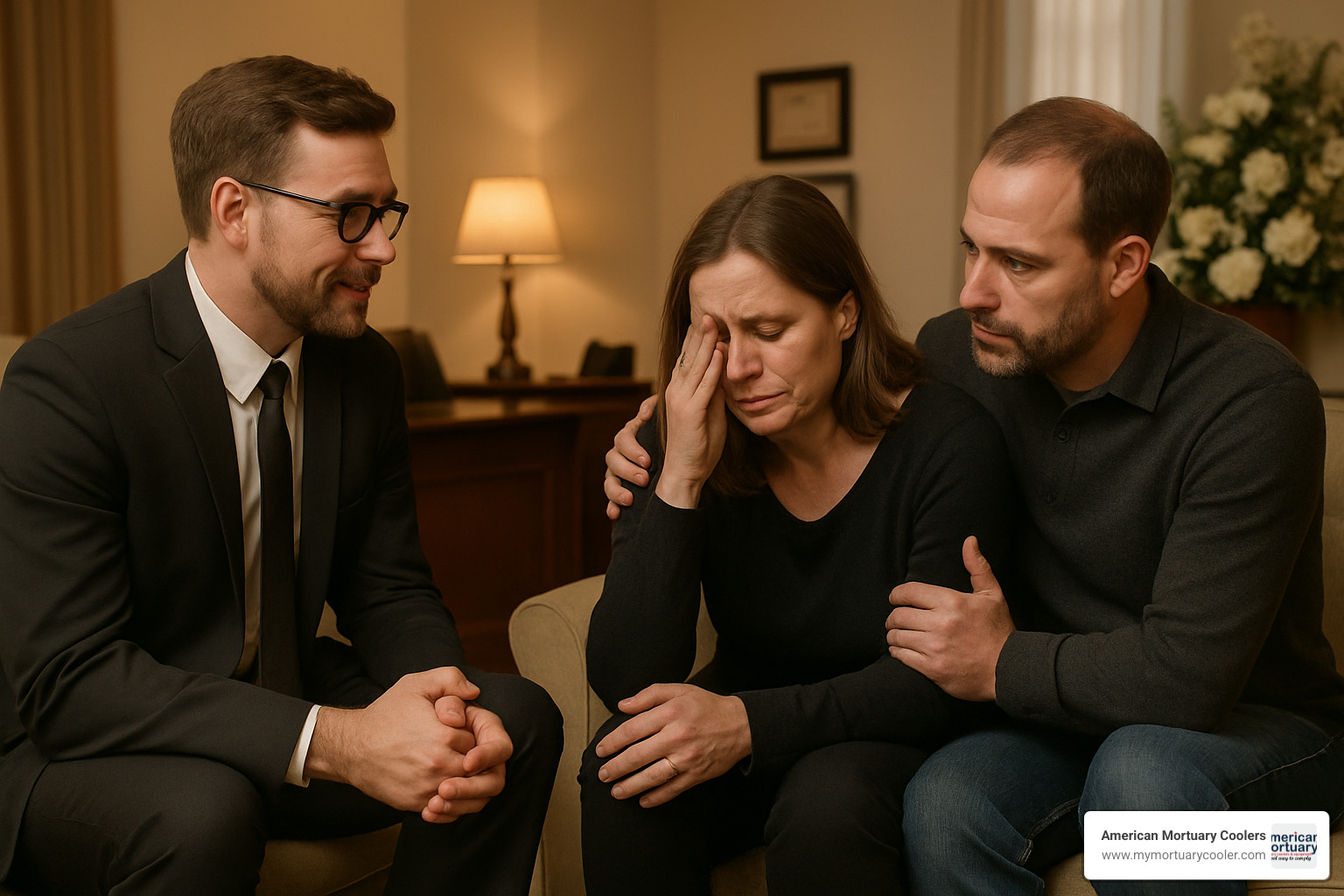 mortician counseling grieving family in comfortable setting - what's a mortician do