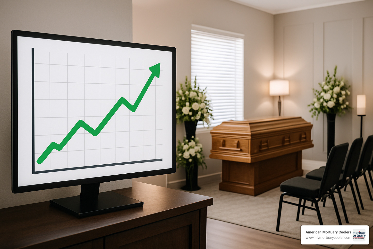 upward trending graph next to modern funeral home display - what's a mortician do
