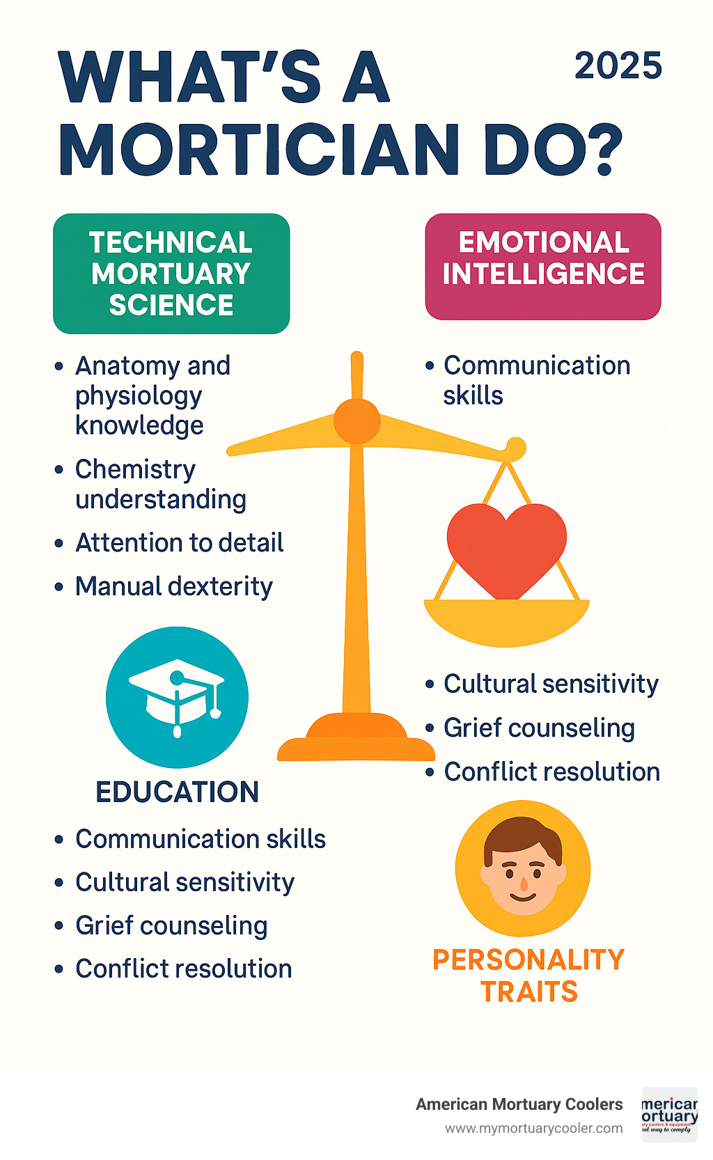 Visual representation of the balance between technical mortuary science skills and emotional intelligence required for success, showing education requirements and personality traits - what's a mortician do infographic 