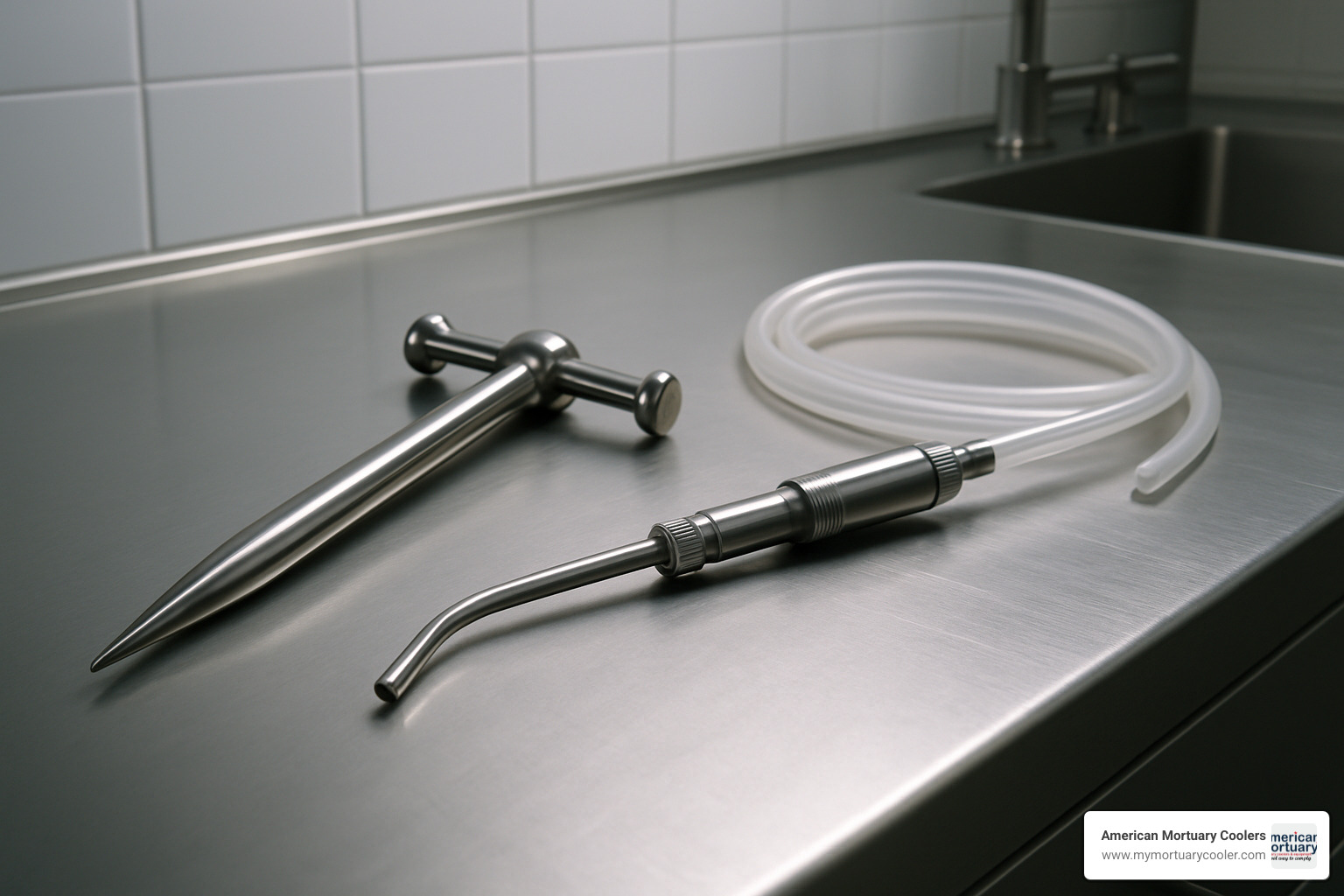 trocar and aspirator instruments arranged on sterile prep room surface - embalming-equipment