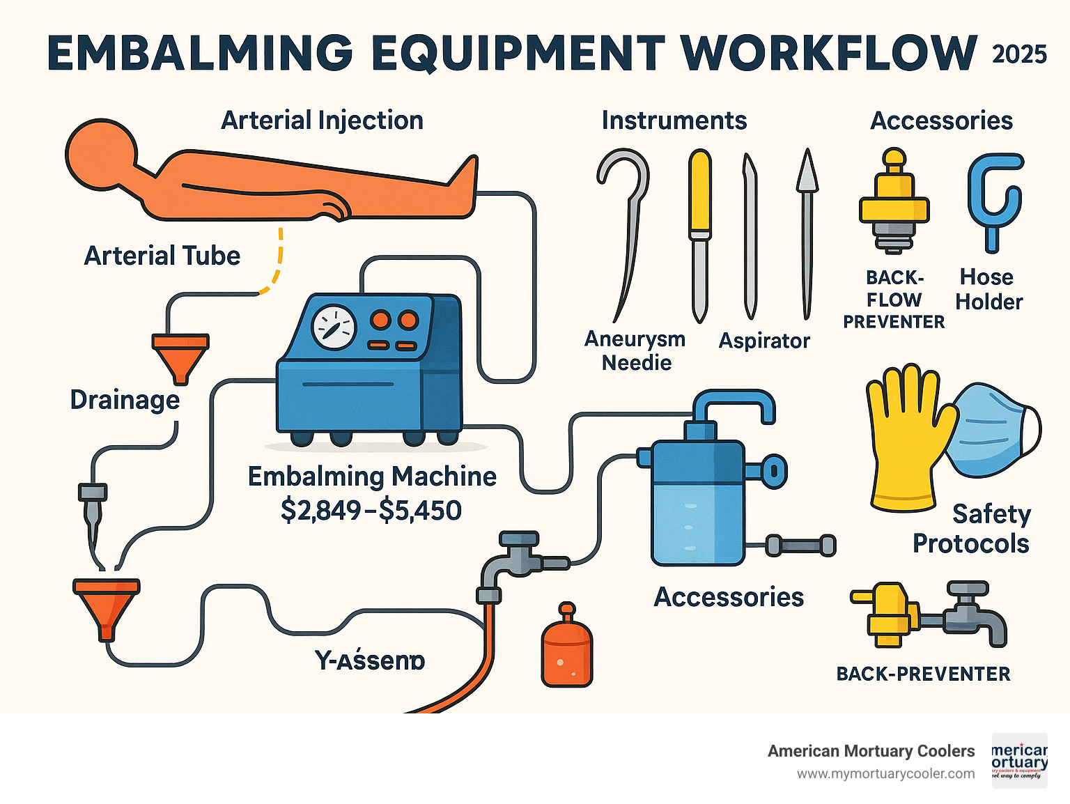 Comprehensive workflow diagram showing embalming equipment setup from arterial injection through drainage systems, including machine specifications, instrument placement, and safety protocols for professional funeral preparation - embalming-equipment infographic 