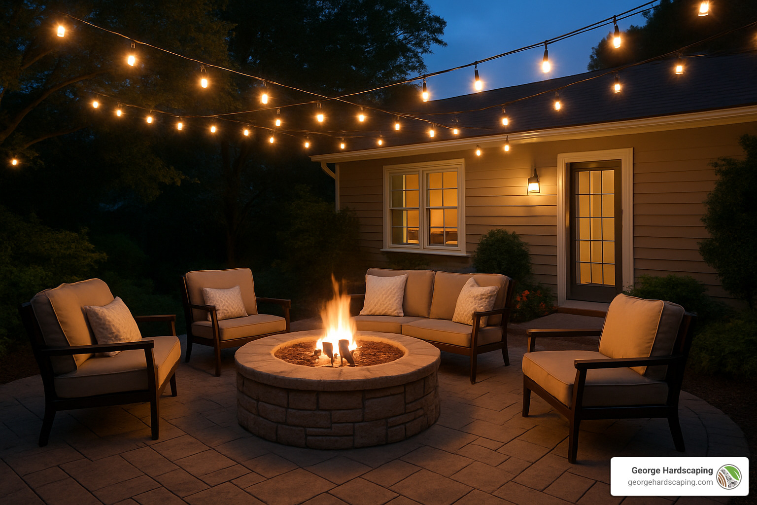 patio with fire pit and lighting - patio and walkway installation