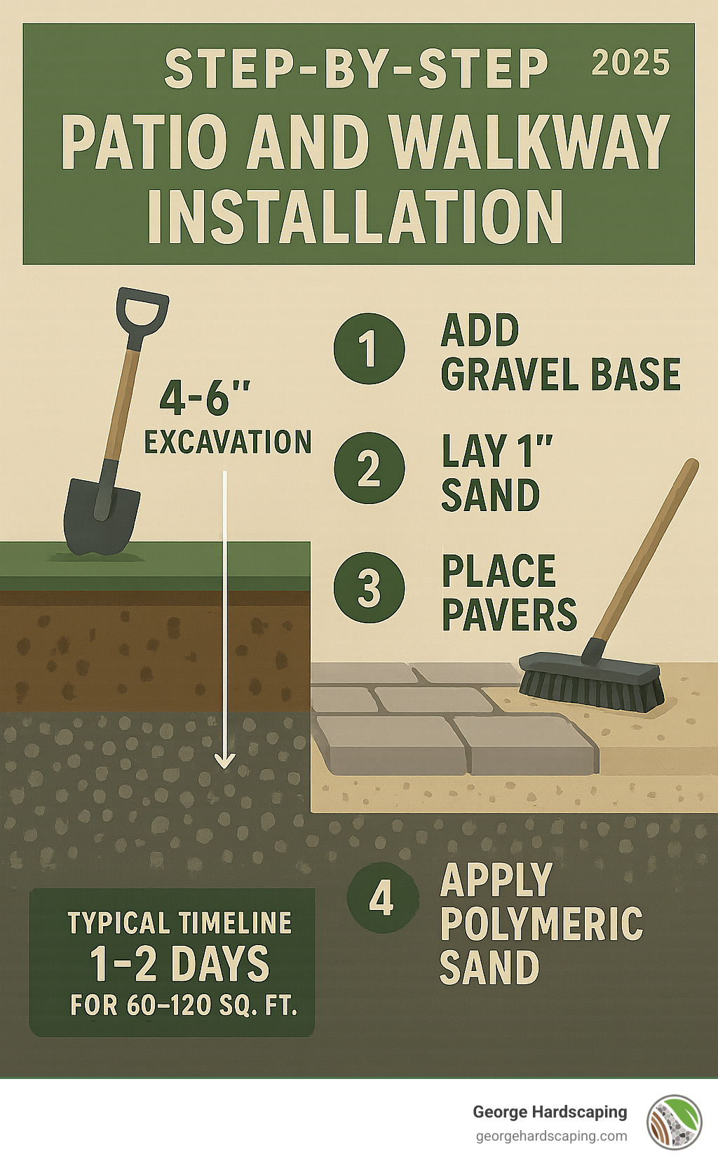 Step-by-step patio and walkway installation process showing excavation depth of 4-6 inches for gravel base, 1 inch sand layer, paver placement, and finishing with polymeric sand, typical timeline of 1-2 days for 60-120 square feet - patio and walkway installation infographic 