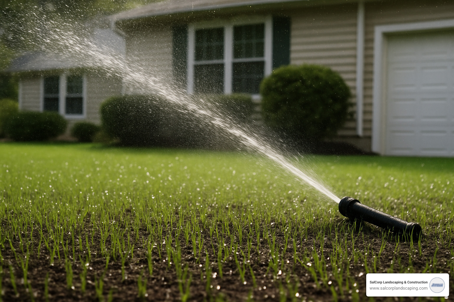Sprinkler system watering newly seeded lawn with visible water droplets on emerging grass - best time grass seed planting