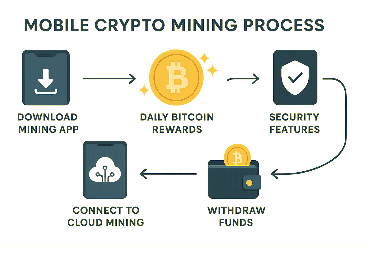 Infographic showing the complete mobile crypto mining process from app download through cloud mining connection to daily Bitcoin rewards deposited in user wallet, including security features and withdrawal options - crypto mining apps for android infographic