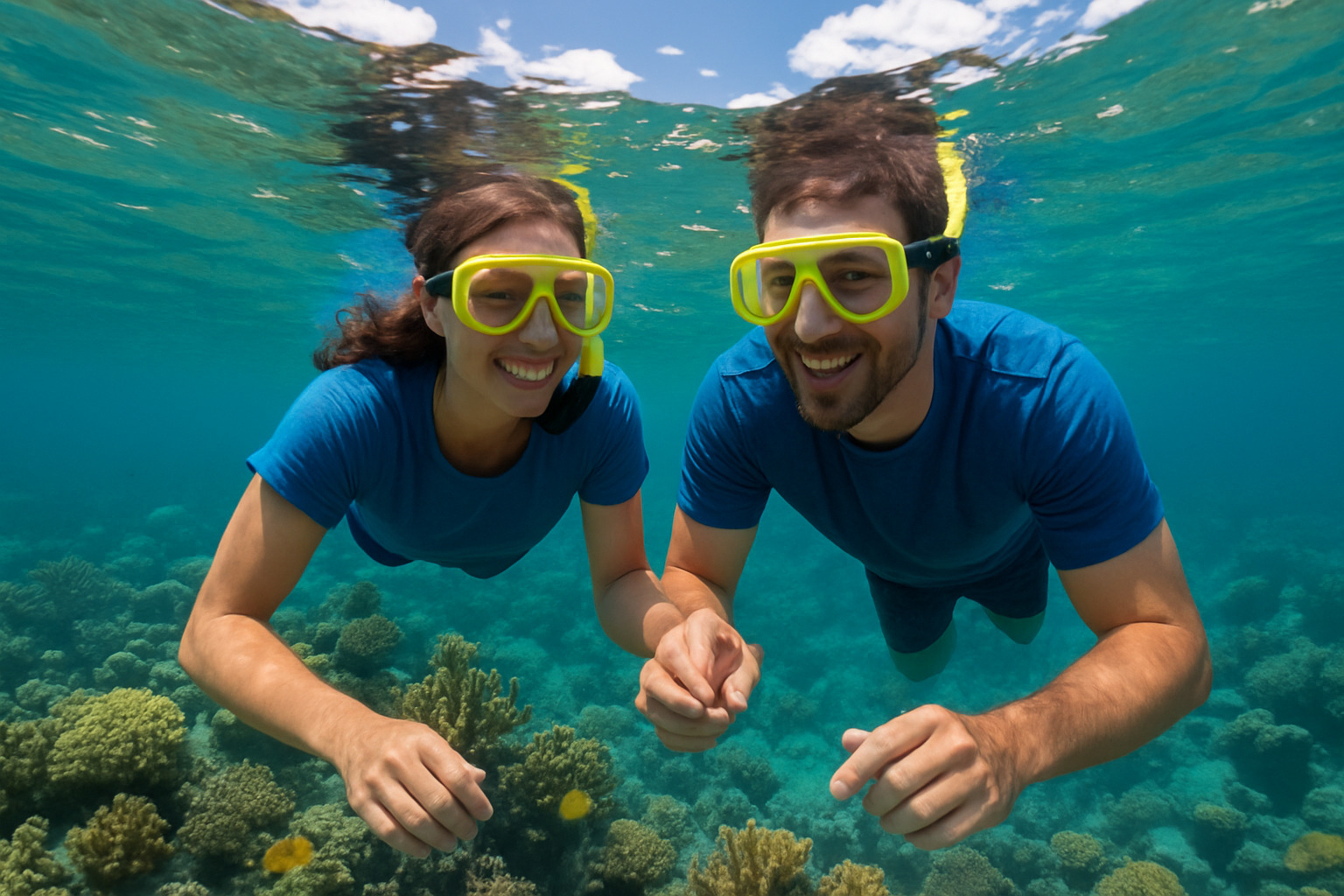 Couple participating in eco-friendly excursion such as snorkeling in coral reef, hiking through rainforest, or visiting local conservation project, showing sustainable tourism practices - all exclusive trips for couples