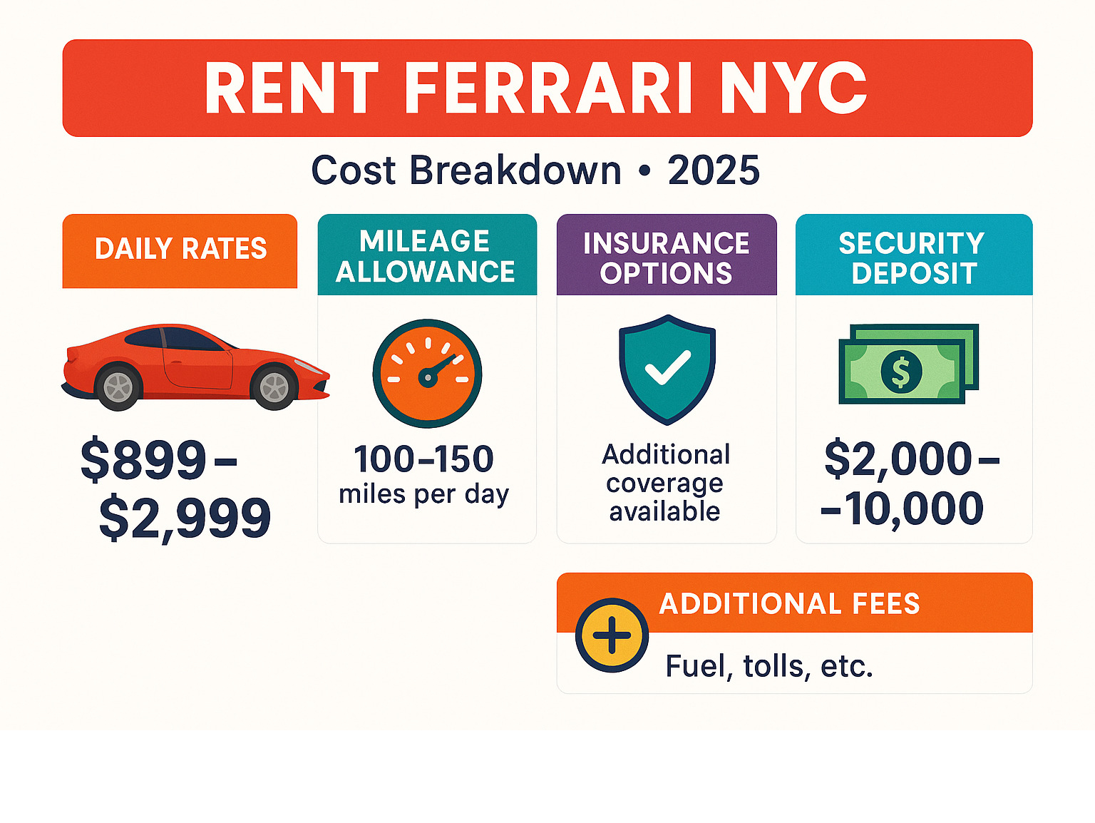 Infographic showing Ferrari rental cost breakdown including daily rates, mileage allowances, insurance options, security deposits, and additional fees - rent Ferrari NYC infographic