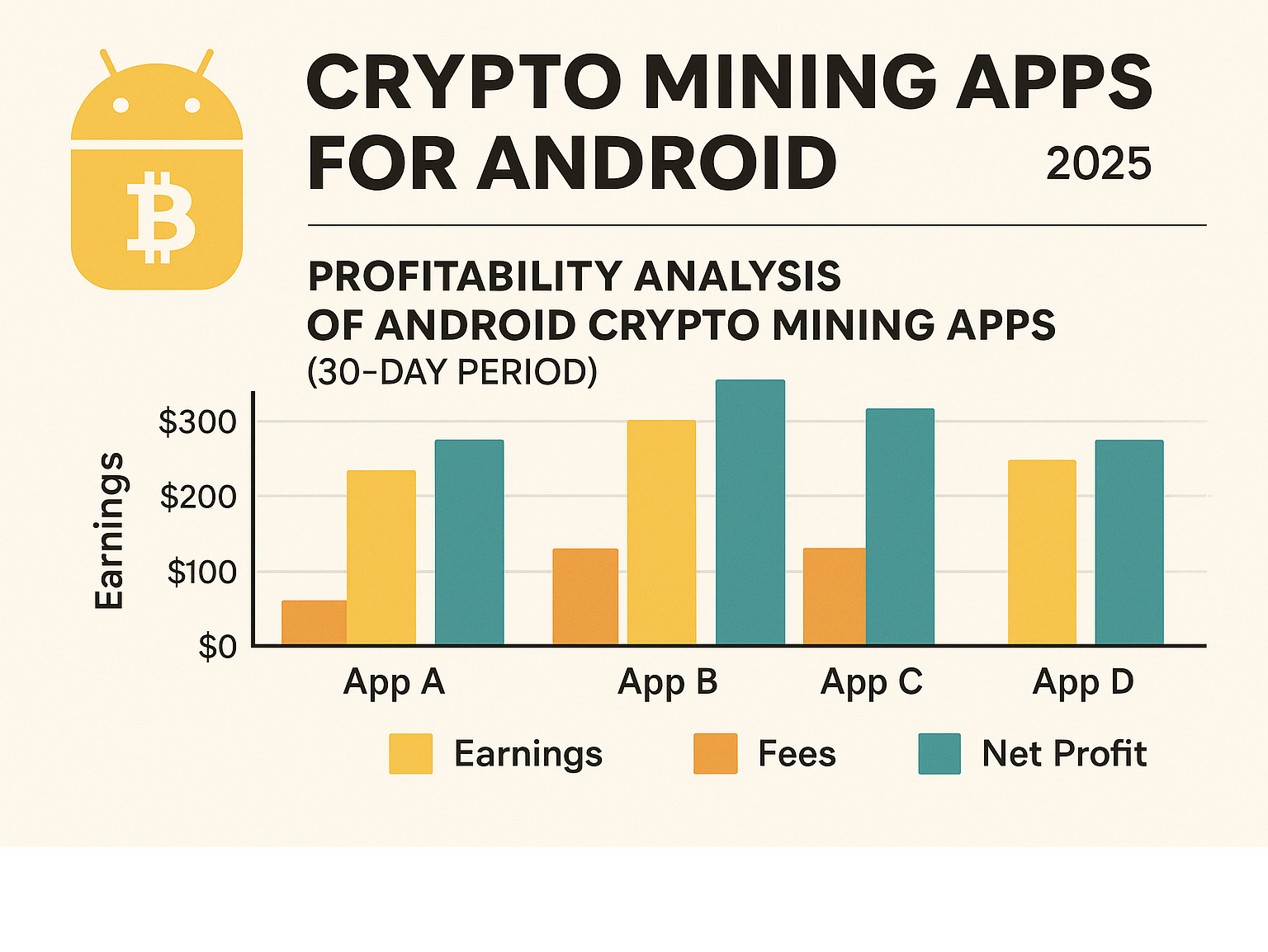 Comparison chart showing profitability analysis of different Android crypto mining apps over 30-day period with breakdown of earnings, fees, and net profit - crypto mining apps for android infographic