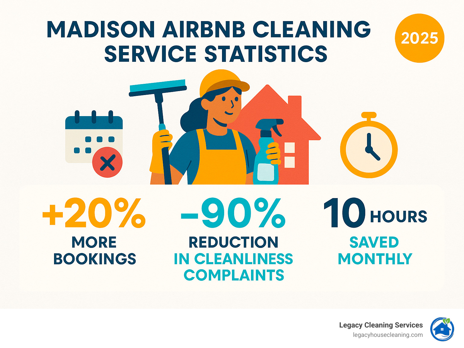Madison Airbnb cleaning service statistics showing 20% more bookings with professional cleaning, 90% reduction in cleanliness complaints, and 10 hours saved monthly for hosts using recurring services - airbnb cleaning madison wi infographic