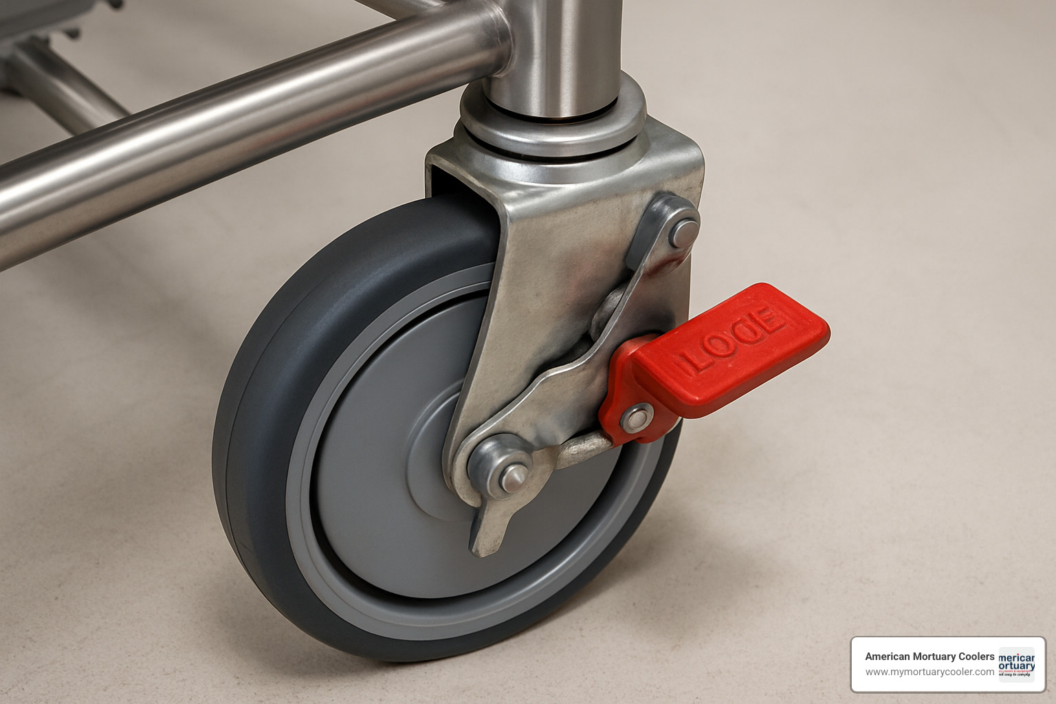 wheel lock mechanism close-up - mortuary-stretchers
