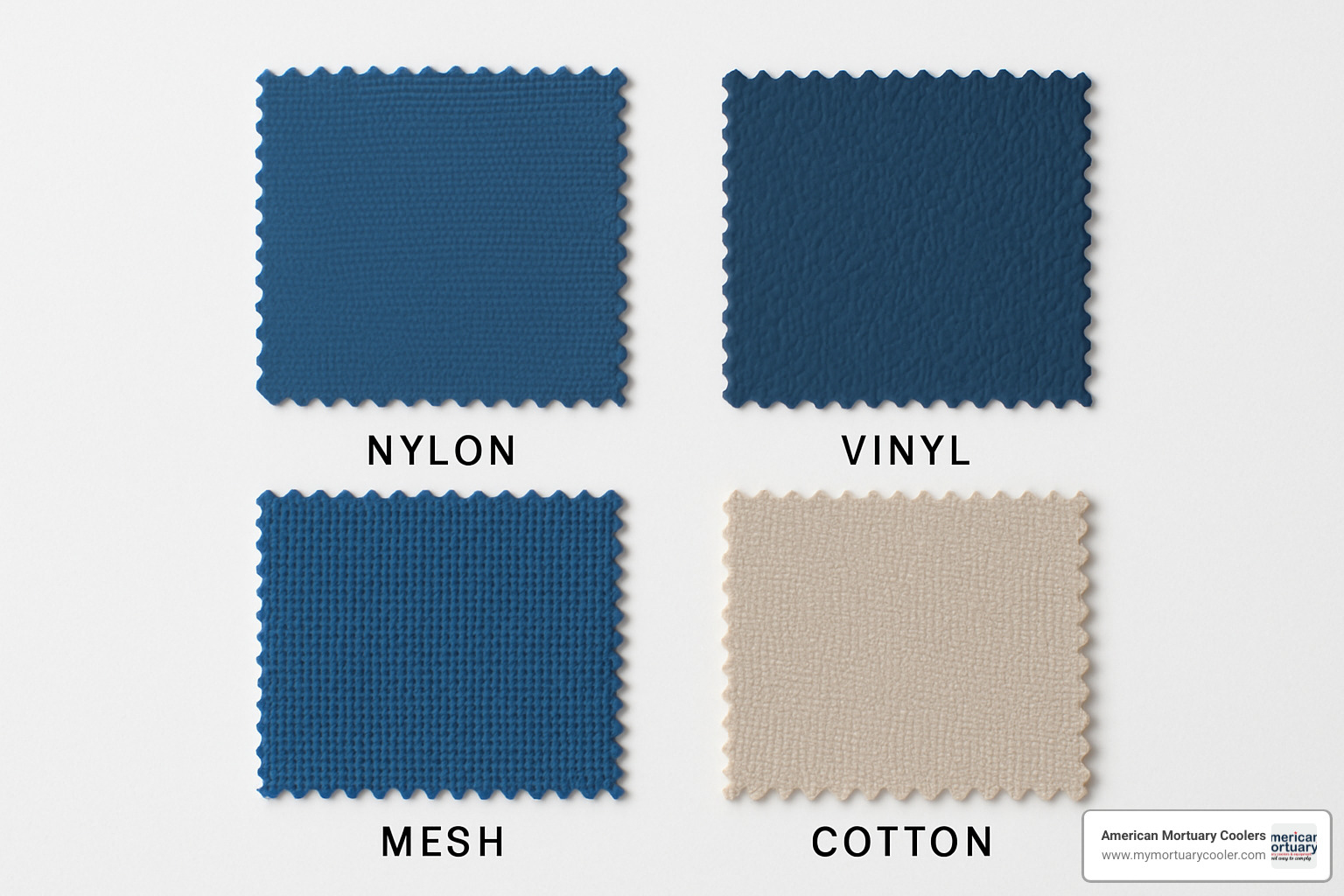 Various fabric swatches showing different cot cover materials including nylon, vinyl, mesh, and cotton - cot-cover