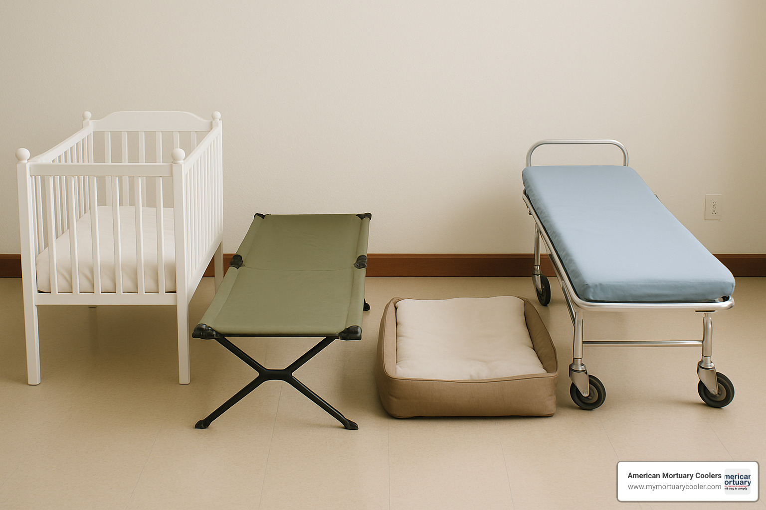 Different types of cots including baby cribs, camping cots, pet beds, and medical stretchers - cot-cover