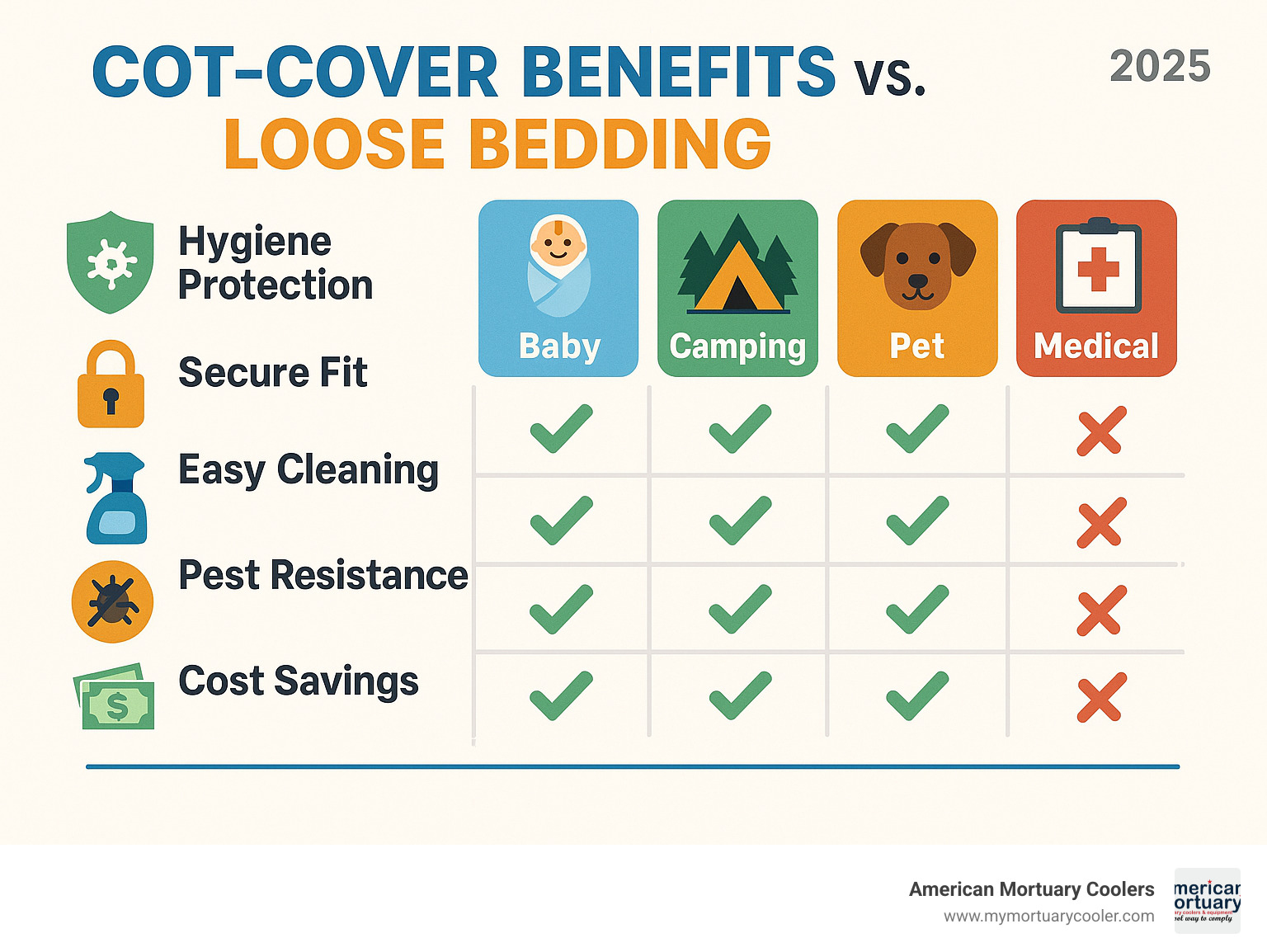 Comprehensive comparison infographic showing cot-cover benefits versus loose bedding including hygiene protection, secure fit, easy cleaning, pest resistance, and cost savings across baby, camping, pet, and medical applications - cot-cover infographic 
