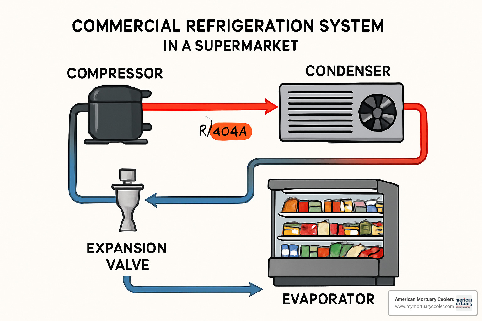 Commercial refrigeration system diagram showing R404A refrigerant flow - refrigerant r404a