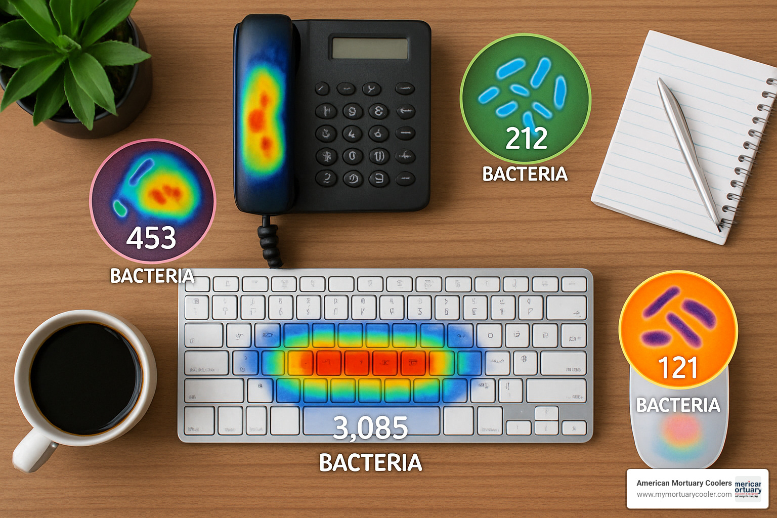 office desk with bacteria count visualization - skip the germs