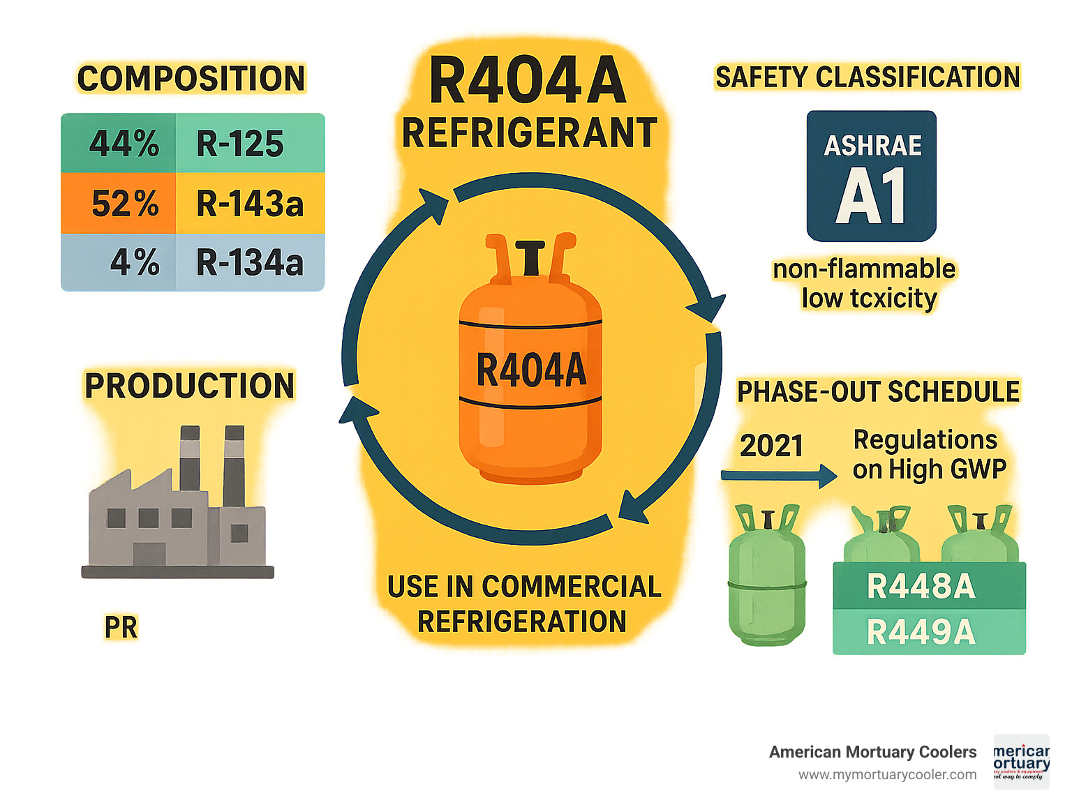Detailed infographic showing R404A refrigerant lifecycle from production through use in commercial refrigeration systems, including chemical composition breakdown, safety classifications, regulatory timeline, and phase-out schedule with alternative refrigerant options - refrigerant r404a infographic