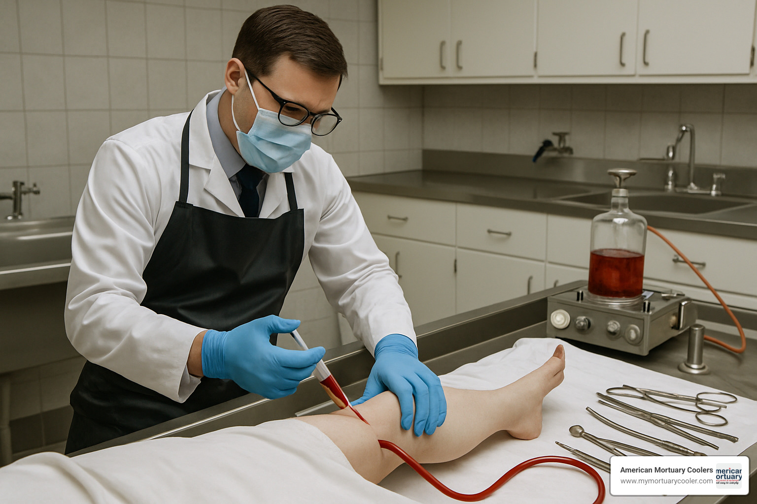 embalmer performing test injection on leg - embalming fluid color