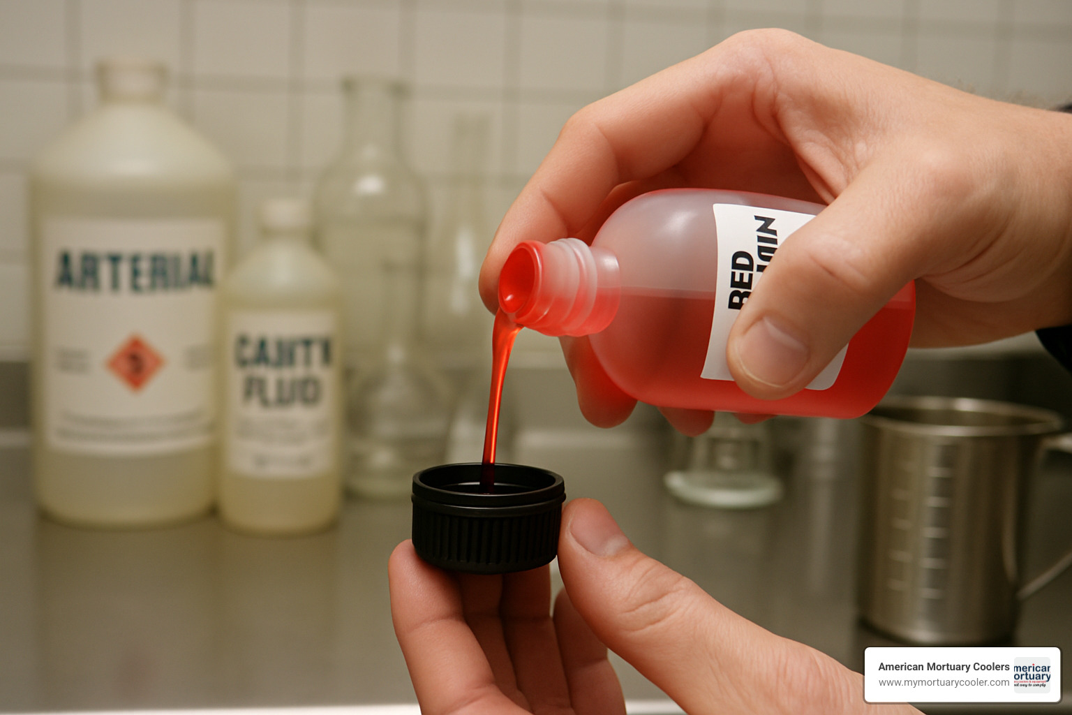 dye dosing with bottle cap measurement - embalming fluid color