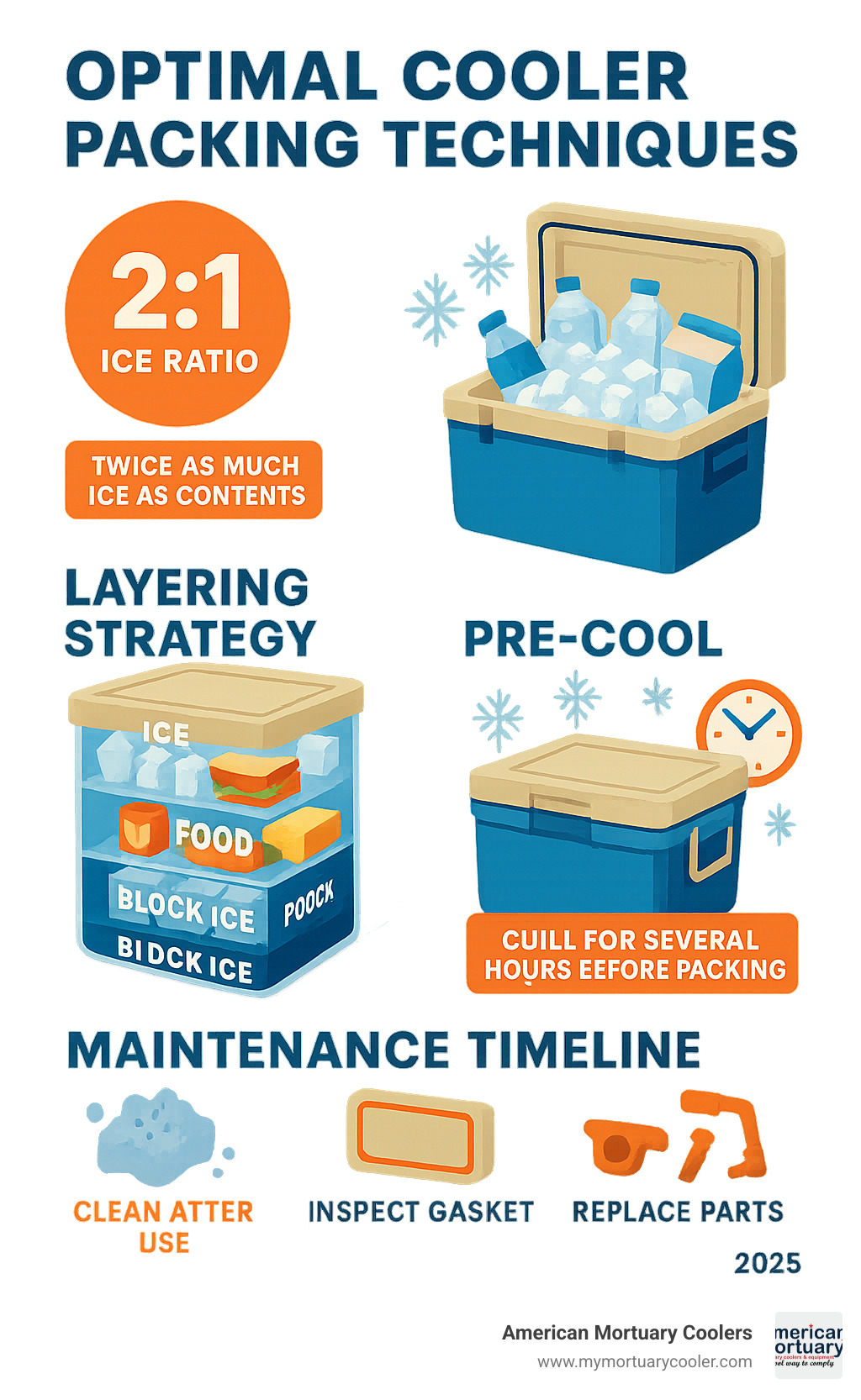 Infographic showing optimal cooler packing techniques including 2:1 ice ratio, layering strategy, pre-cooling steps, and maintenance timeline for maximum performance - affordable-cooler infographic 