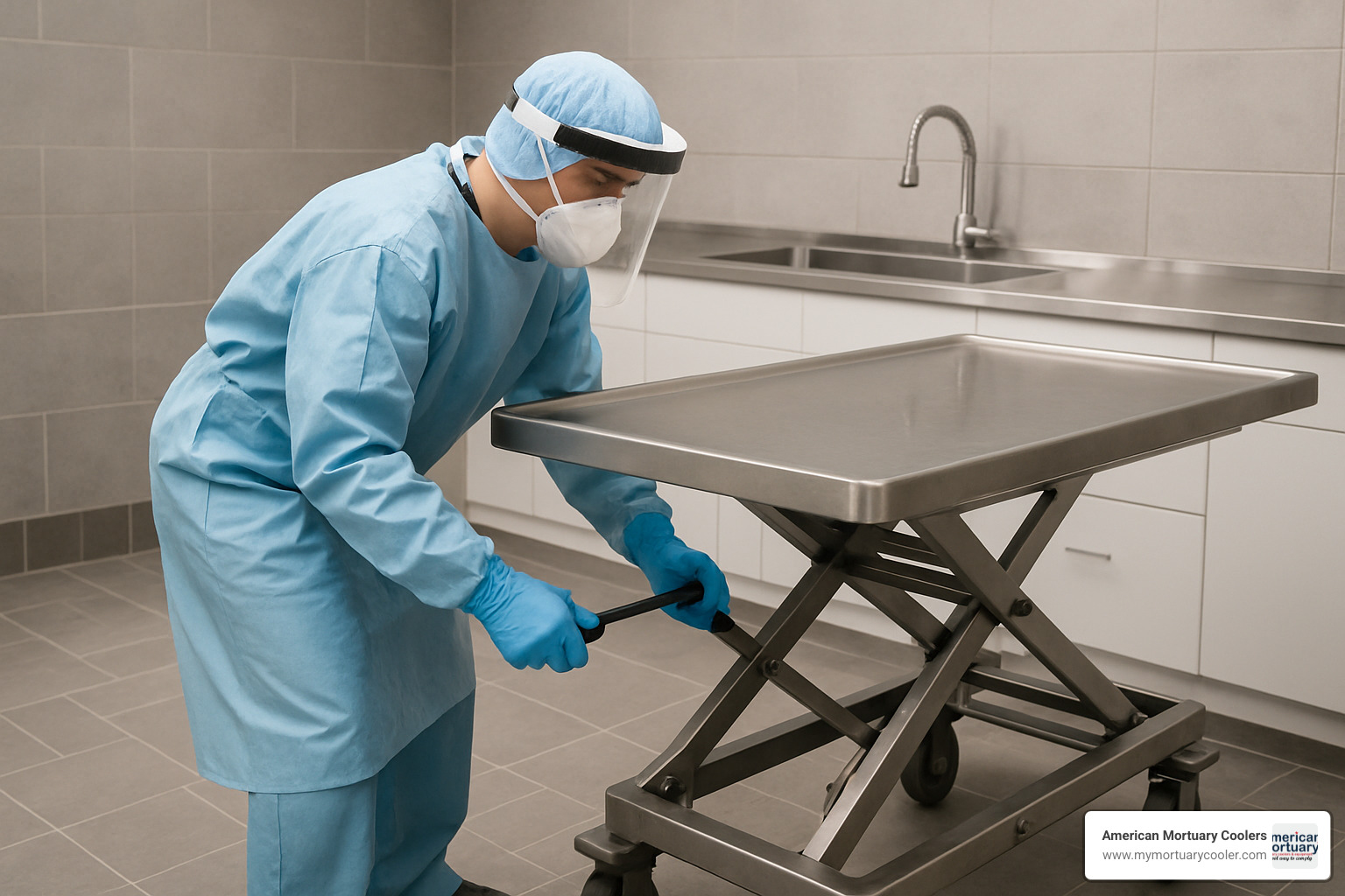 embalmer in PPE adjusting table height - embalming-table