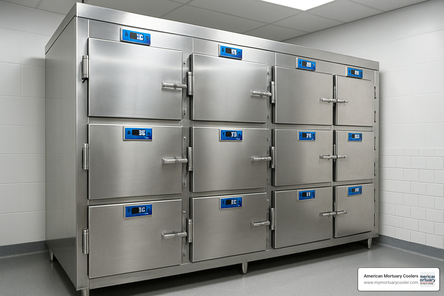 Multi-body mortuary cabinet showing individual chambers with digital temperature displays and stainless steel construction - body-fridge