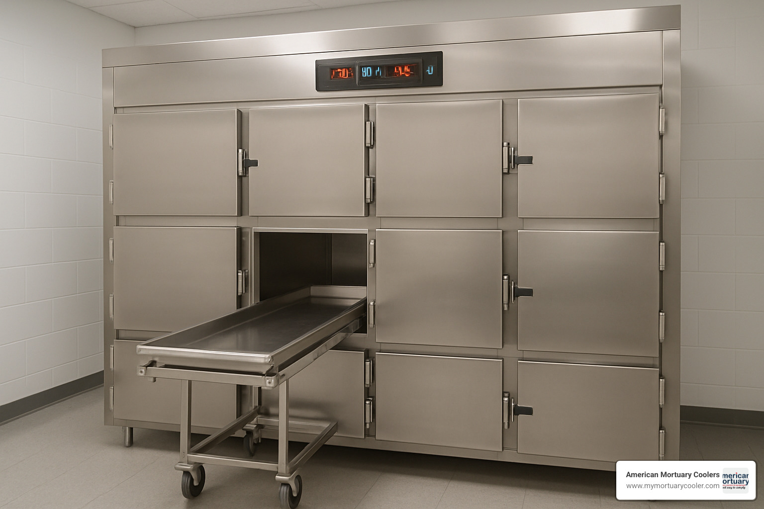 Interior view of a modern mortuary refrigerator showing stainless steel construction, individual chambers, and digital temperature controls - body-fridge