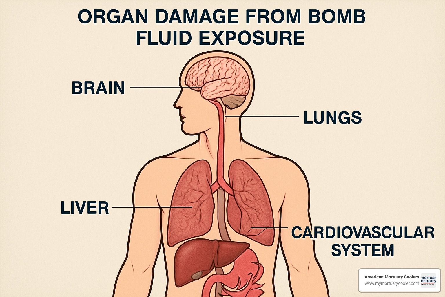 Anatomical diagram showing organ damage from bomb fluid exposure, highlighting brain, lungs, liver, and cardiovascular system - bomb fluid