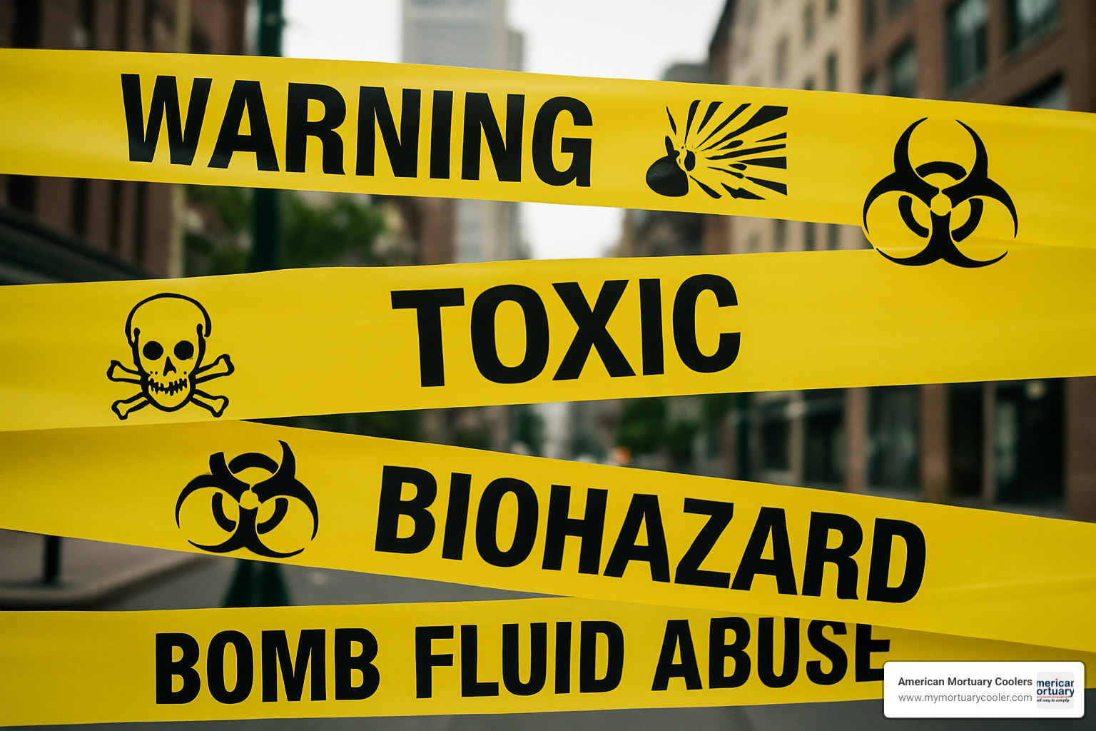 Warning tape and hazard symbols representing the legal and safety risks of bomb fluid - bomb fluid