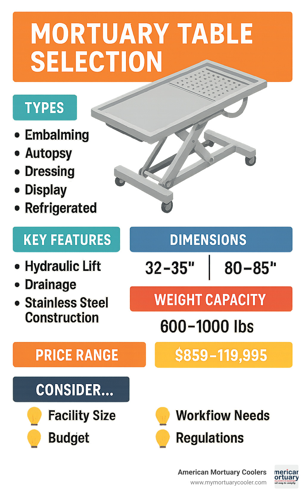 Comprehensive infographic showing mortuary table selection process including types (embalming, autopsy, dressing, display, refrigerated), key features (hydraulic lift, drainage, stainless steel construction), standard dimensions (32-35" width, 80-85" length), weight capacities (600-1000 lbs), price ranges ($659-$19,995), and decision factors (facility size, workflow needs, budget, regulations) - mortuary-table infographic 