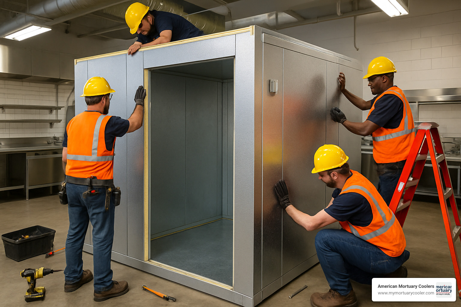 walk-in freezer being assembled on-site - used commercial freezer