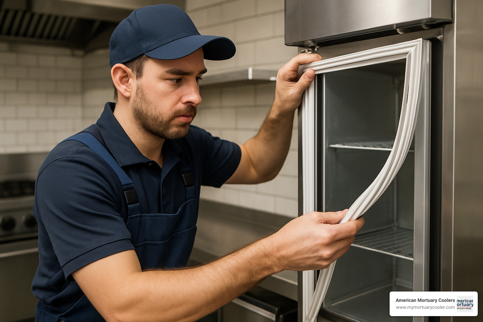 technician inspecting door gasket on commercial freezer - used commercial freezer