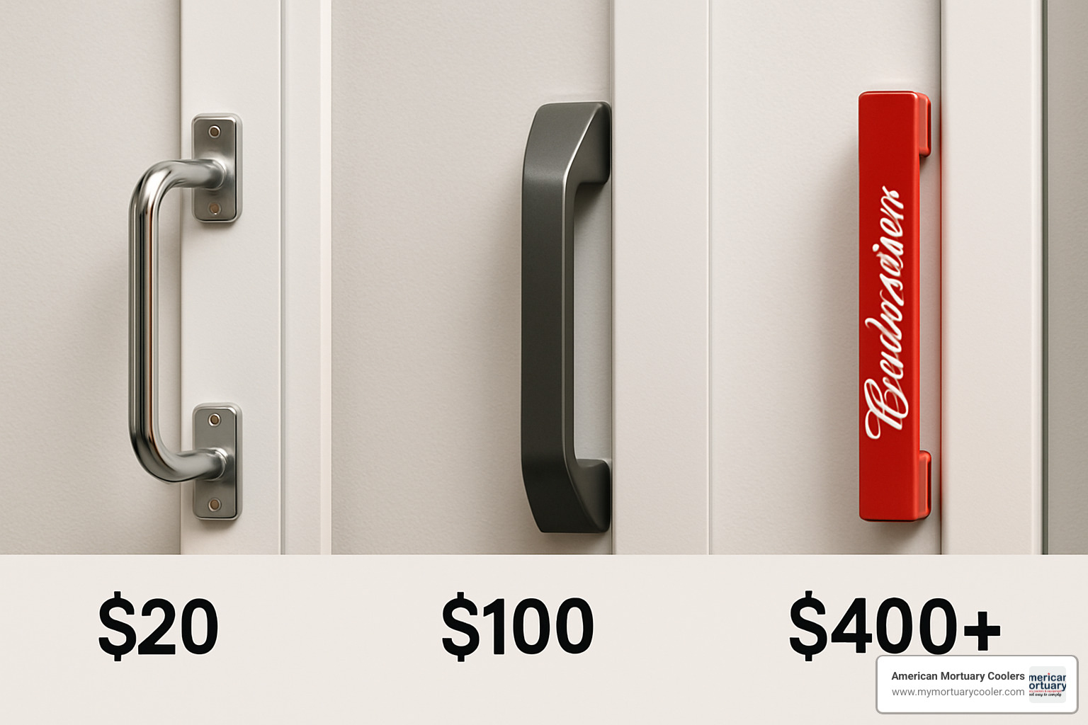 pricing spectrum showing basic handles at $20, mid-range at $100, and premium custom handles at $400+ - cooler door handles