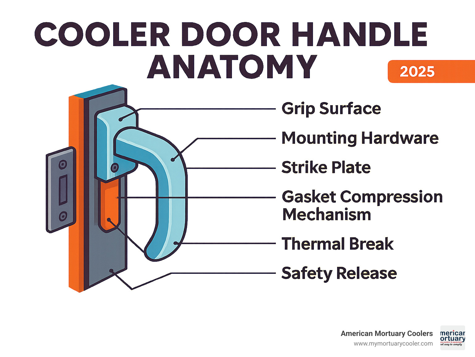 Infographic showing cooler door handle anatomy with labeled parts including grip surface, mounting hardware, strike plate, gasket compression mechanism, thermal break insulation, and safety release components for proper door sealing - cooler door handles infographic 