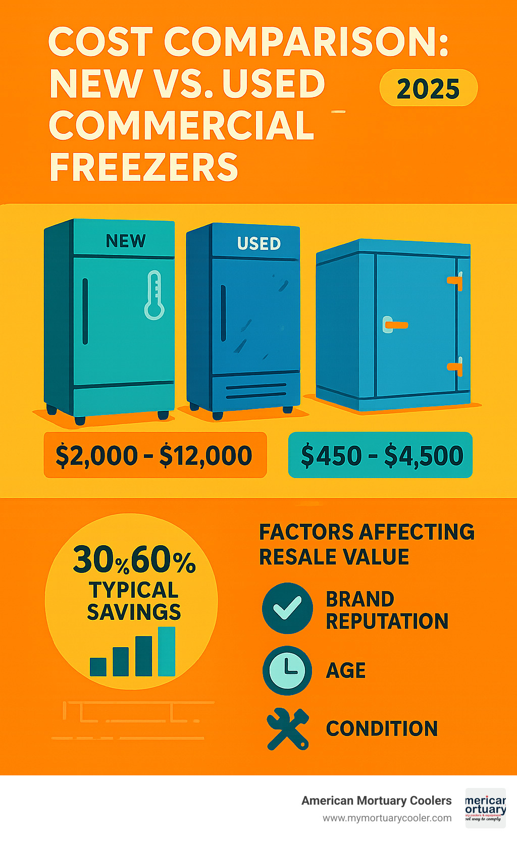 Infographic showing cost comparison between new and used commercial freezers, including average price ranges for different freezer types, typical savings percentages, and factors affecting resale value such as brand reputation, age, and condition - used commercial freezer infographic 