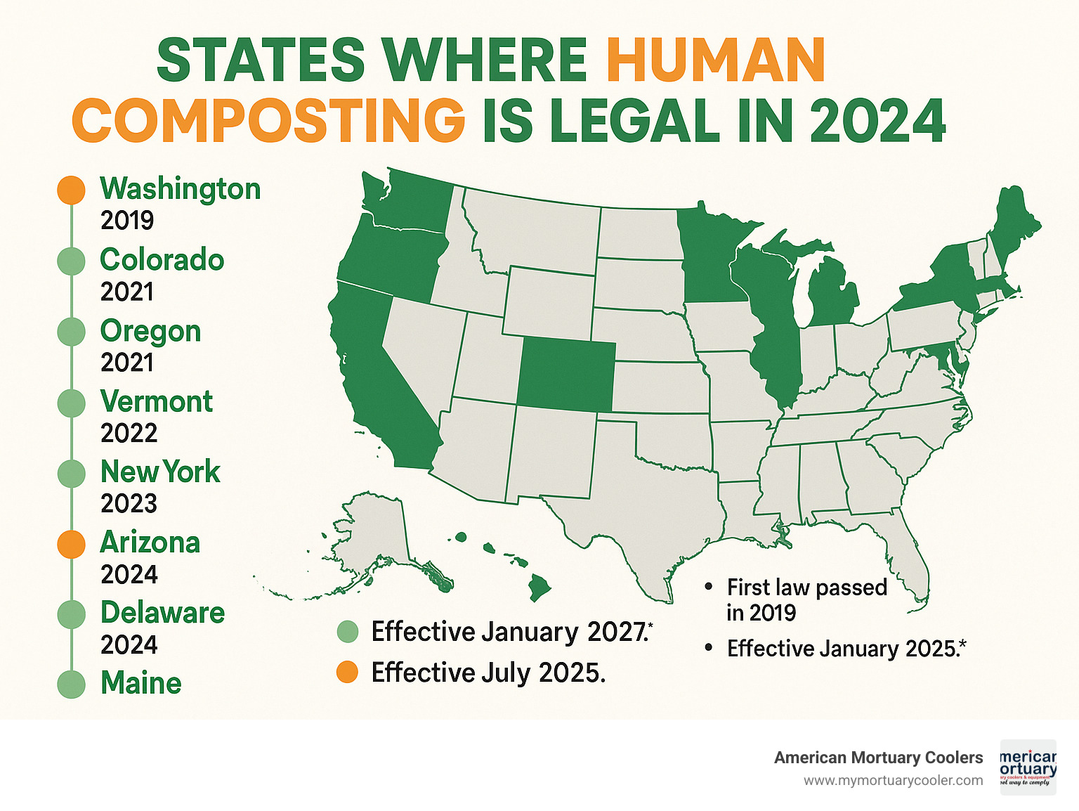 Infographic showing the 12 states where human composting is legal in 2024, with timeline from Washington's 2019 law through Maine's 2024 legislation, including effective dates and operational status for each state - what states allow body composting infographic 