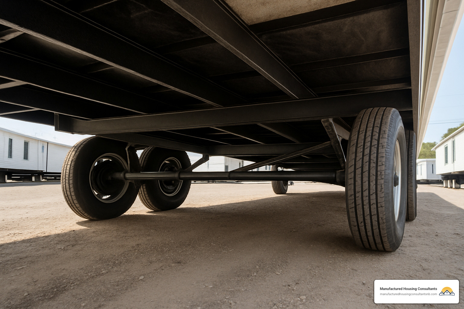 Under-carriage inspection of mobile home showing axles, tires, and structural components - foreclosed trailers for sale near me