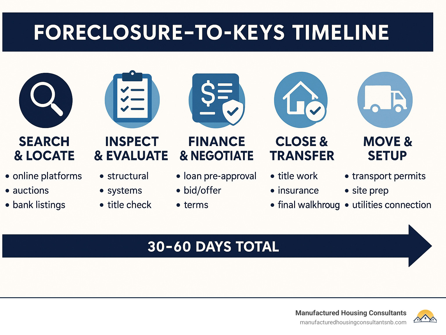 Infographic showing the complete foreclosure-to-keys timeline with 5 main stages: 1) Search & Locate (online platforms, auctions, bank listings), 2) Inspect & Evaluate (structural, systems, title check), 3) Finance & Negotiate (loan pre-approval, bid/offer, terms), 4) Close & Transfer (title work, insurance, final walkthrough), 5) Move & Setup (transport permits, site prep, utilities connection). Timeline shows 30-60 days total process. - foreclosed trailers for sale near me infographic 