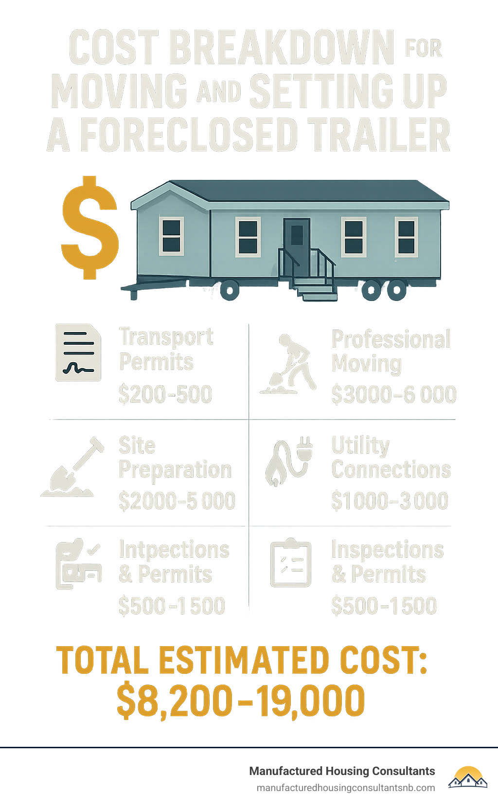 Infographic showing the complete cost breakdown for moving and setting up a foreclosed trailer: Transport Permits ($200-500), Professional Moving ($3,000-6,000), Site Preparation ($2,000-5,000), Setup & Leveling ($1,500-3,000), Utility Connections ($1,000-3,000), Inspections & Permits ($500-1,500). Total estimated cost range: $8,200-19,000. - foreclosed trailers for sale near me infographic 