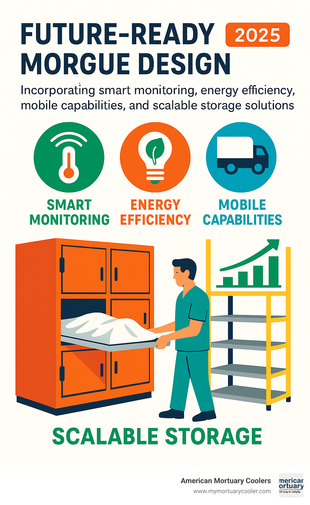 Future-ready morgue design incorporating smart monitoring, energy efficiency, mobile capabilities, and scalable storage solutions - mortuary-storage infographic 