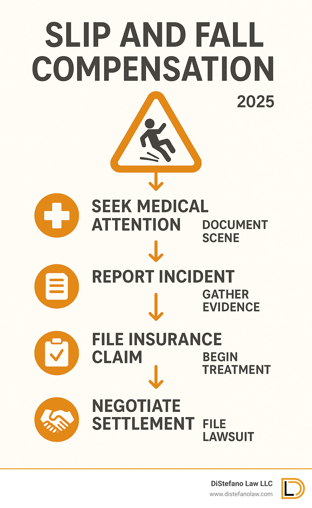Infographic showing slip and fall compensation timeline: Day 1 - Seek medical attention and document scene, Within 30 days - Report incident and gather evidence, 2-6 months - File insurance claim and begin treatment, 6-12 months - Negotiate settlement or file lawsuit, 12+ months - Litigation if settlement fails - Slip and fall compensation infographic 